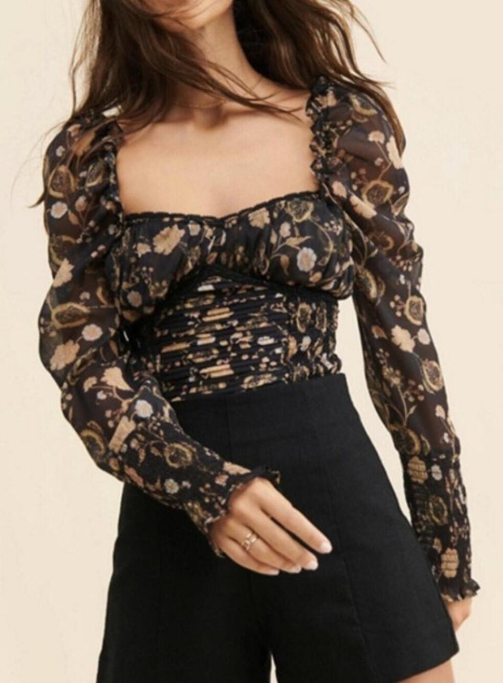Free People Sz S Brunch Date Smocked Floral Bodysuite Puff Sleeve Bohemian